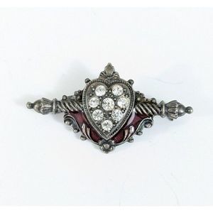 Heart And Rod Rhinestone Victorian Revival Brooch Pin - red enamel silver toned